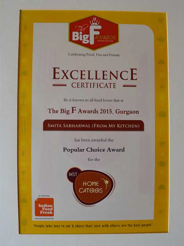 Certificate: The Big F Awards 2015, Gurgaon, Popular Choice Award for the best home caterers, Smita Sabharwal
