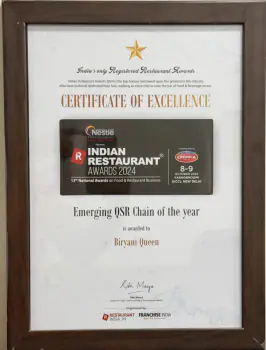 Certificate of Excellence: Indian Restaurant Awards 2024, Emerging QSR Chain of the Year, Biryani Queen