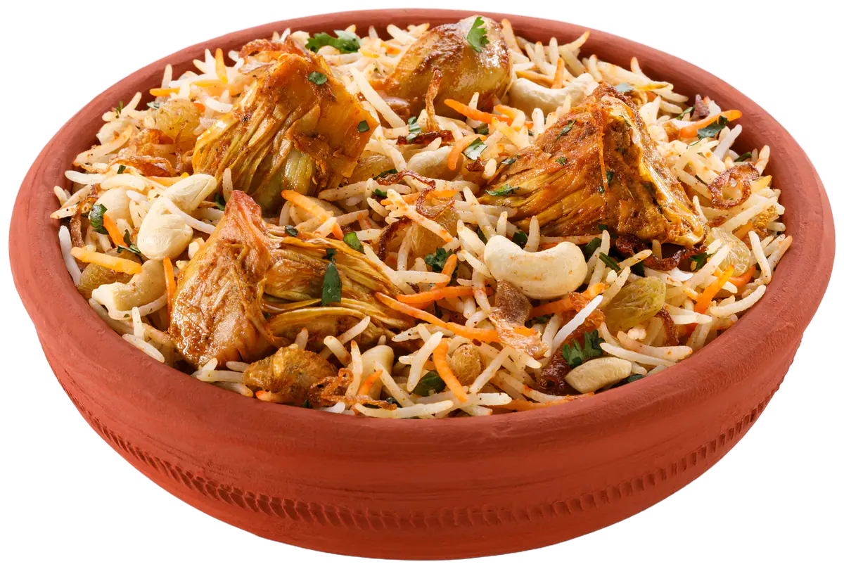 Tasteful Kathal (Jackfruit) Biryani in a terracotta bowl