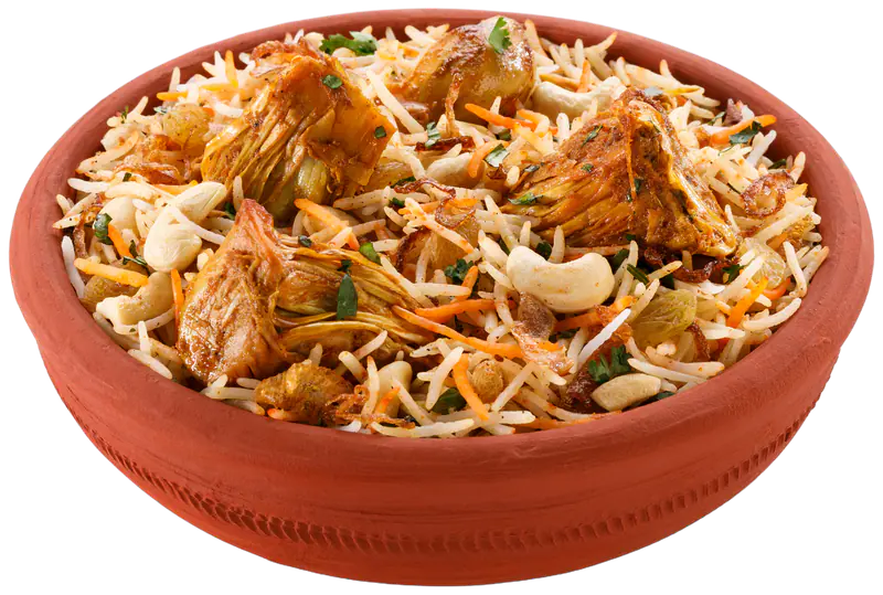Tasteful Kathal (Jackfruit) Biryani in a terracotta bowl