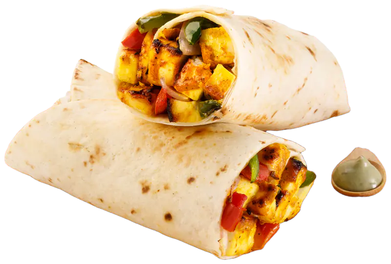 Paneer tikka roll cut in half