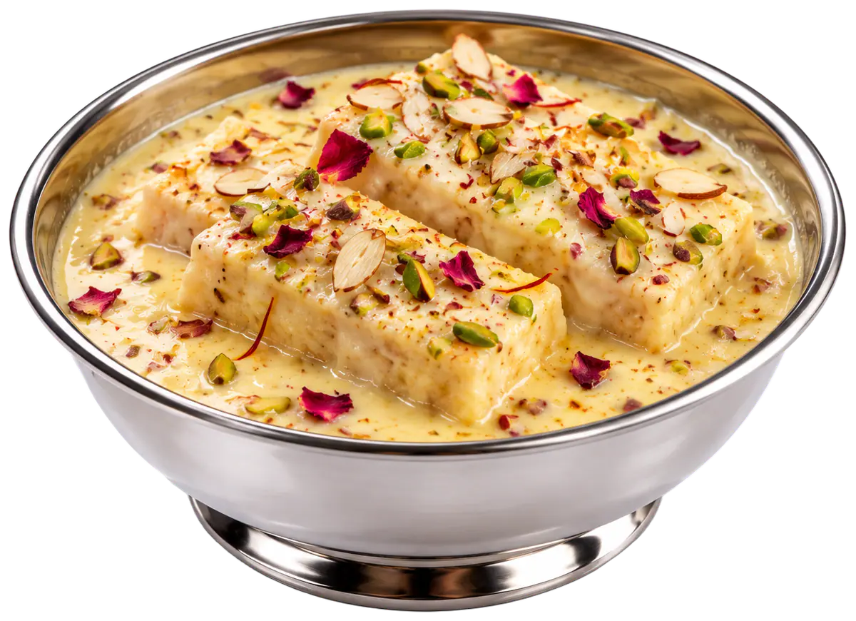 Shahi Tukda in a steel bowl: fried bread in rabdi with pistachios, almonds and rose petals