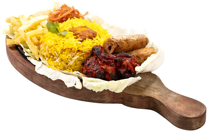 Biryani sizzler with char-grilled kebabs and fries on a wooden paddle