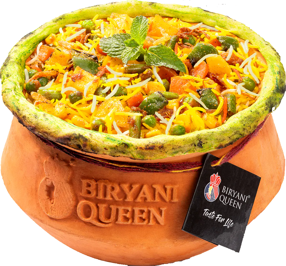 Biryani Queen embossed clay handi, its rim sealed with dough, tagged “Taste For Life”